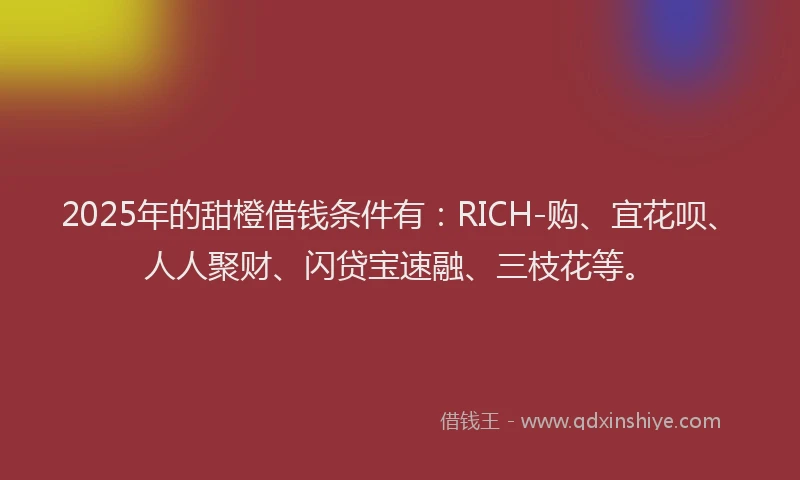 2025年的甜橙借钱条件有：RICH-购、宜花呗、人人聚财、闪贷宝速融、三枝花等。