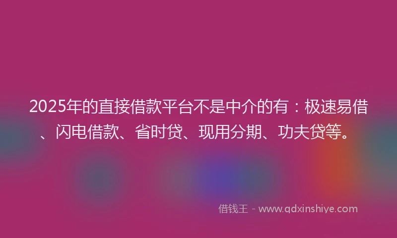 2025年的直接借款平台不是中介的有：极速易借、闪电借款、省时贷、现用分期、功夫贷等。