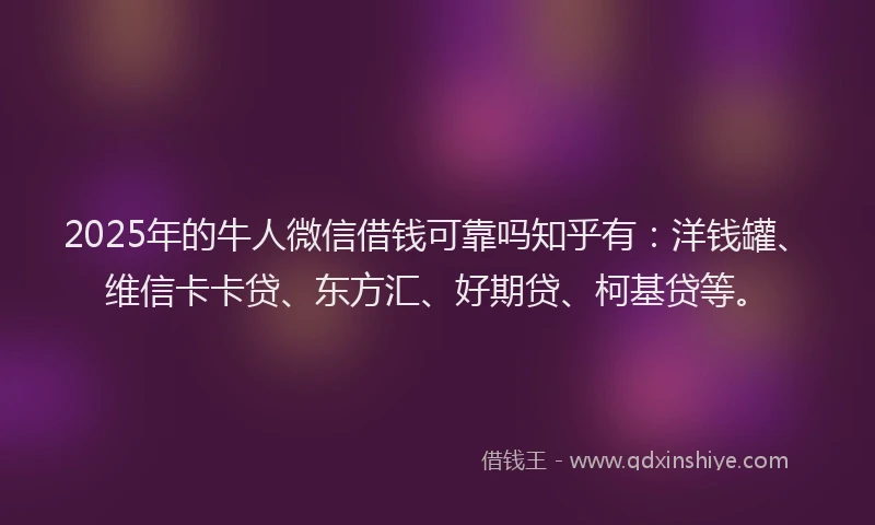 2025年的牛人微信借钱可靠吗知乎有：洋钱罐、维信卡卡贷、东方汇、好期贷、柯基贷等。
