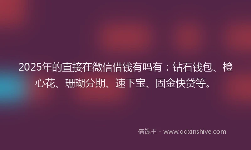 2025年的直接在微信借钱有吗有：钻石钱包、橙心花、珊瑚分期、速下宝、固金快贷等。