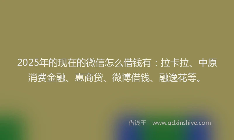 2025年的现在的微信怎么借钱有：拉卡拉、中原消费金融、惠商贷、微博借钱、融逸花等。