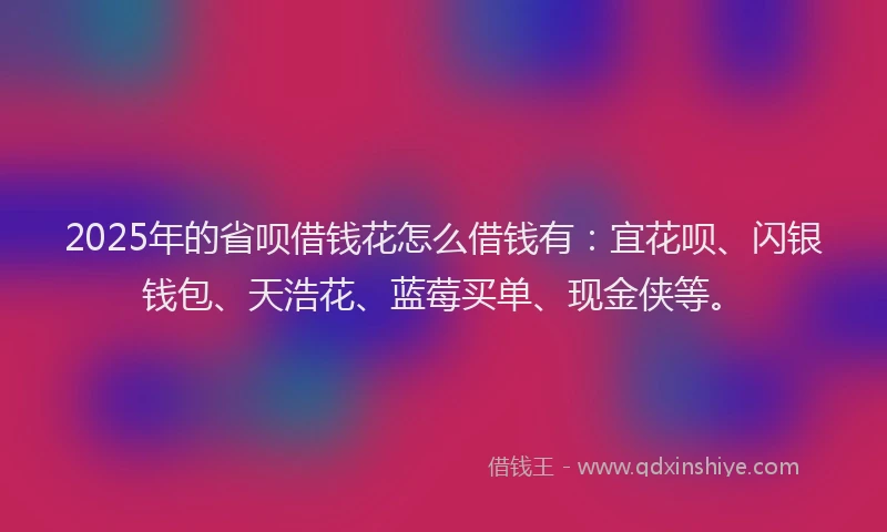 2025年的省呗借钱花怎么借钱有:宜花呗、闪银钱包、天浩花、蓝莓买单、现金侠等。