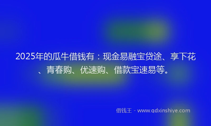2025年的瓜牛借钱有：现金易融宝贷途、享下花、青春购、优速购、借款宝速易等。