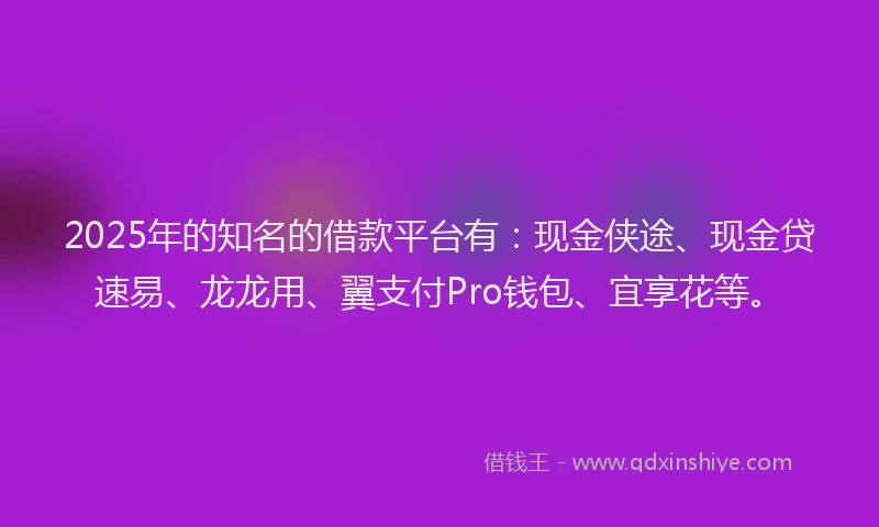 2025年的知名的借款平台有：现金侠途、现金贷速易、龙龙用、翼支付Pro钱包、宜享花等。