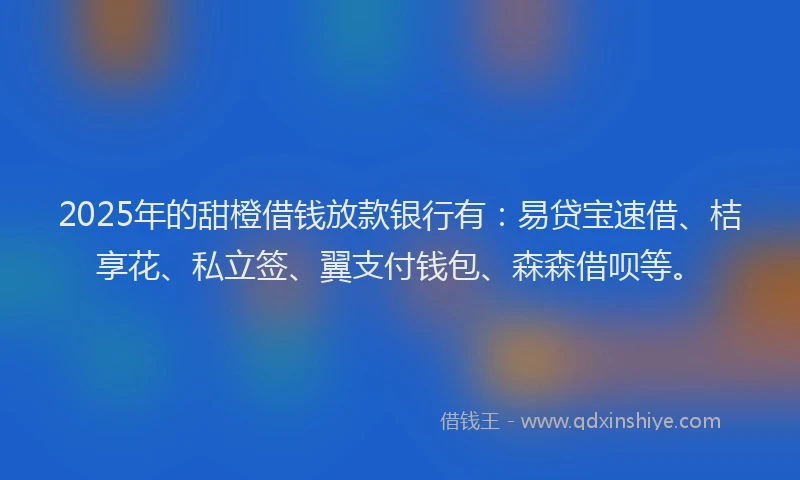 2025年的甜橙借钱放款银行有：易贷宝速借、桔享花、私立签、翼支付钱包、森森借呗等。