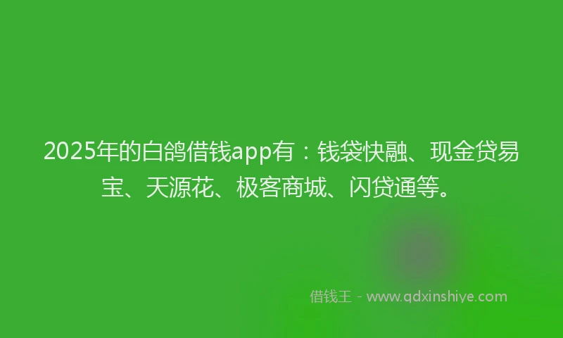 2025年的白鸽借钱app有：钱袋快融、现金贷易宝、天源花、极客商城、闪贷通等。