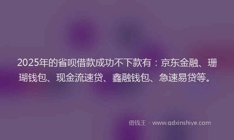 2025年的省呗借款成功不下款有：京东金融、珊瑚钱包、现金流速贷、鑫融钱包、急速易贷等。
