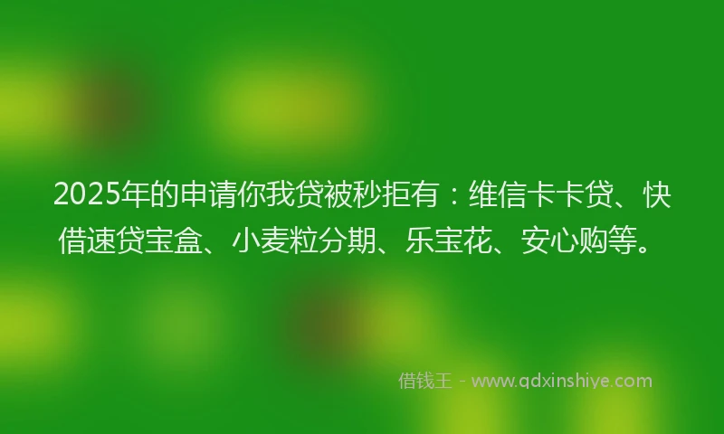 2025年的申请你我贷被秒拒有：维信卡卡贷、快借速贷宝盒、小麦粒分期、乐宝花、安心购等。