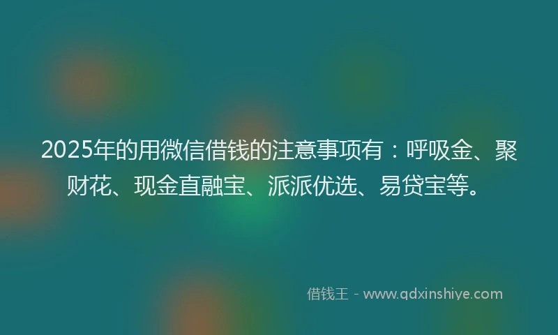 2025年的用微信借钱的注意事项有：呼吸金、聚财花、现金直融宝、派派优选、易贷宝等。