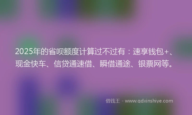 2025年的省呗额度计算过不过有：速享钱包+、现金快车、信贷通速借、瞬借通途、银票网等。