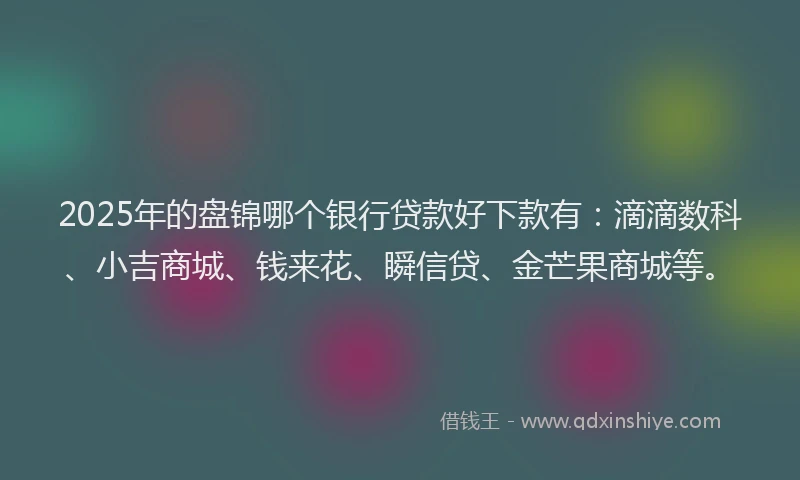 2025年的盘锦哪个银行贷款好下款有：滴滴数科、小吉商城、钱来花、瞬信贷、金芒果商城等。