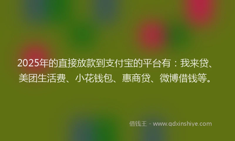 2025年的直接放款到支付宝的平台有：我来贷、美团生活费、小花钱包、惠商贷、微博借钱等。