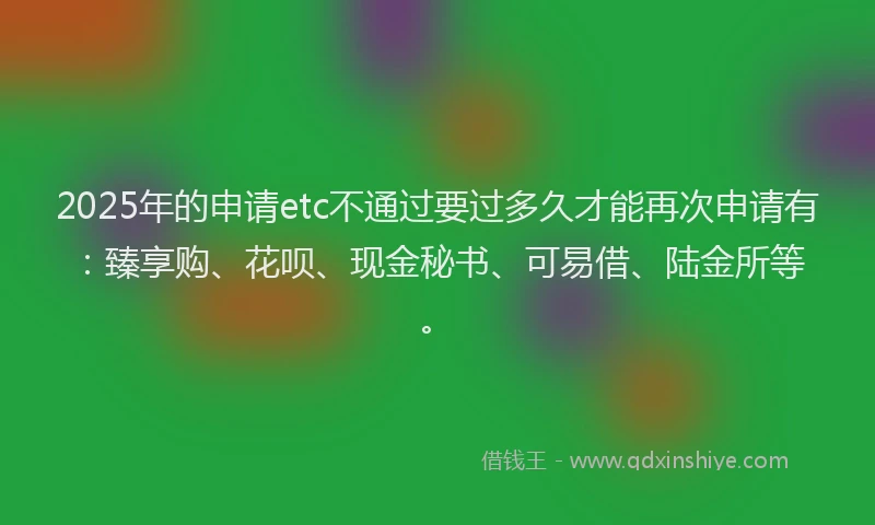 2025年的申请etc不通过要过多久才能再次申请有：臻享购、花呗、现金秘书、可易借、陆金所等。