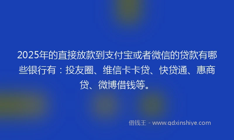 2025年的直接放款到支付宝或者微信的贷款有哪些银行有：投友圈、维信卡卡贷、快贷通、惠商贷、微博借钱等。