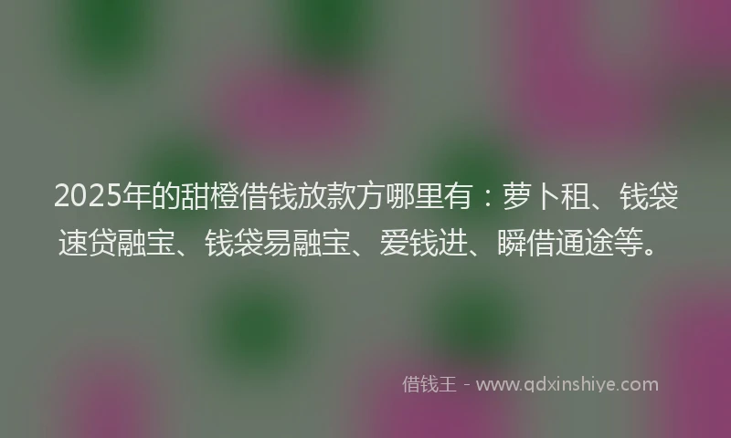 2025年的甜橙借钱放款方哪里有：萝卜租、钱袋速贷融宝、钱袋易融宝、爱钱进、瞬借通途等。