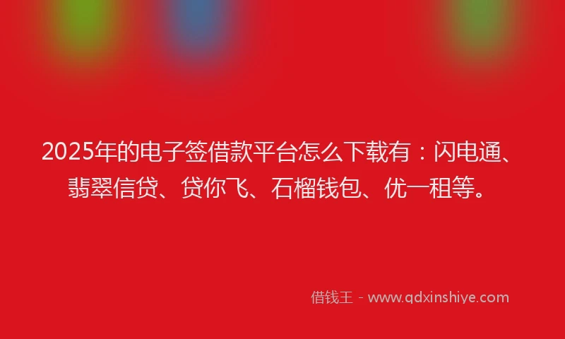 2025年的电子签借款平台怎么下载有：闪电通、翡翠信贷、贷你飞、石榴钱包、优一租等。