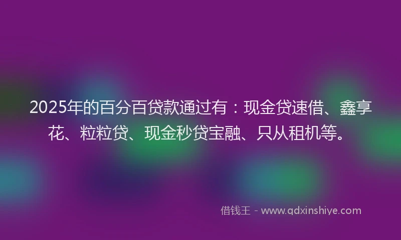 2025年的百分百贷款通过有：现金贷速借、鑫享花、粒粒贷、现金秒贷宝融、只从租机等。