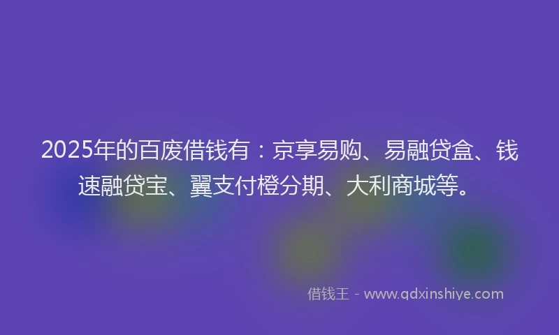 2025年的百废借钱有：京享易购、易融贷盒、钱速融贷宝、翼支付橙分期、大利商城等。