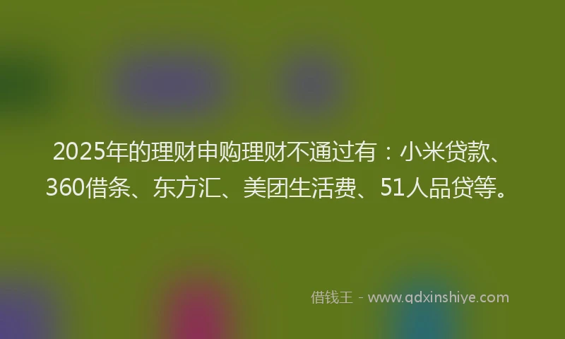 2025年的理财申购理财不通过有：小米贷款、360借条、东方汇、美团生活费、51人品贷等。