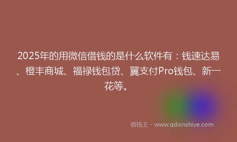 2025年的用微信借钱的是什么软件有：钱速达易、橙丰商城、福禄钱包贷、翼支付Pro钱包、新一花等。