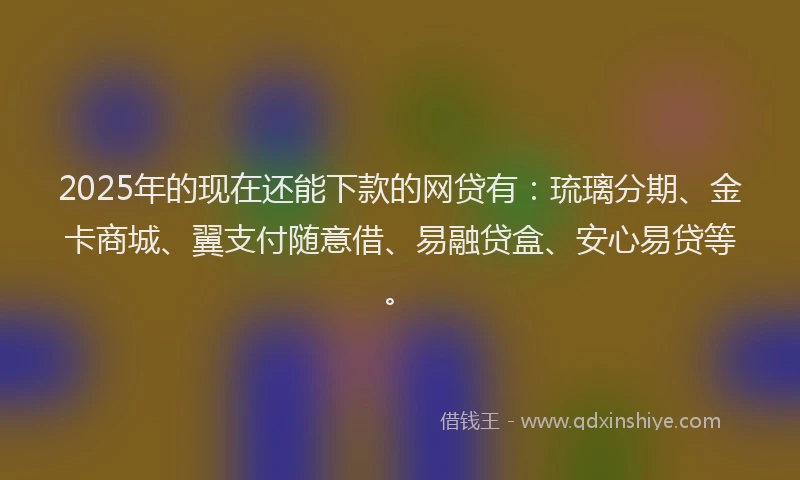2025年的现在还能下款的网贷有：琉璃分期、金卡商城、翼支付随意借、易融贷盒、安心易贷等。