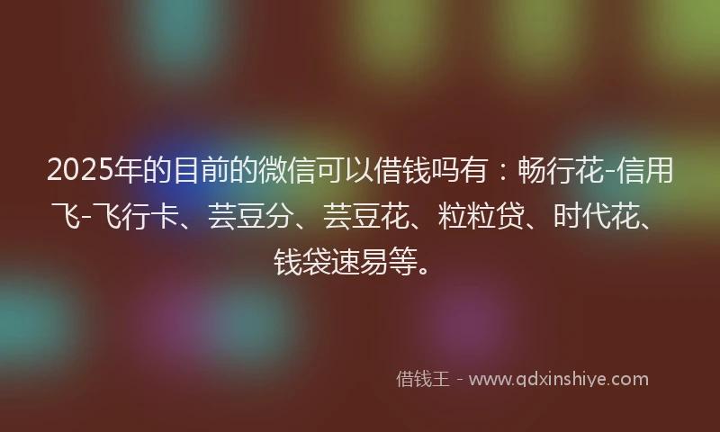 2025年的目前的微信可以借钱吗有：畅行花-信用飞-飞行卡、芸豆分、芸豆花、粒粒贷、时代花、钱袋速易等。