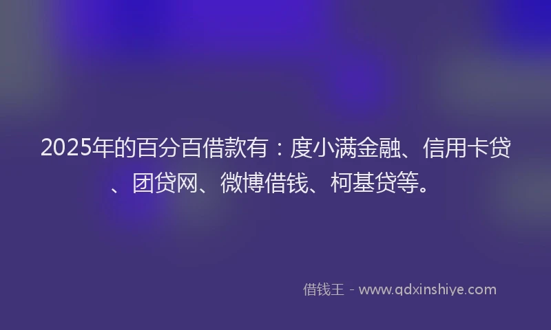 2025年的百分百借款有：度小满金融、信用卡贷、团贷网、微博借钱、柯基贷等。