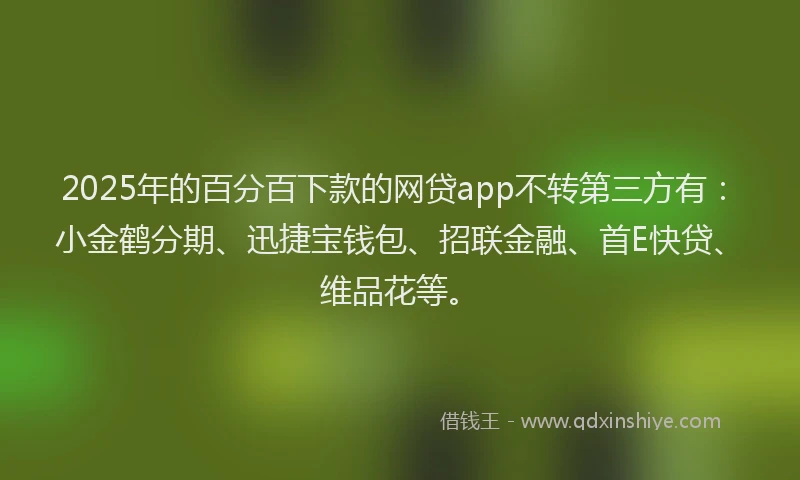 2025年的百分百下款的网贷app不转第三方有：小金鹤分期、迅捷宝钱包、招联金融、首E快贷、维品花等。