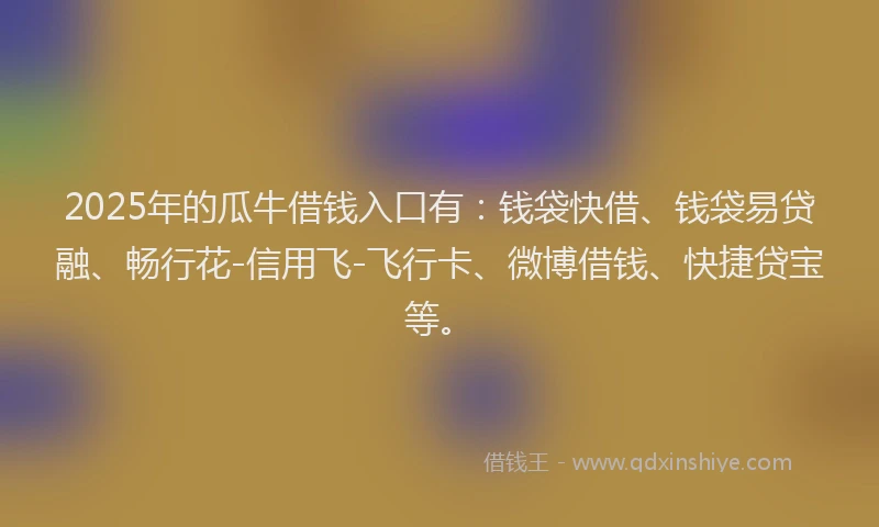 2025年的瓜牛借钱入口有：钱袋快借、钱袋易贷融、畅行花-信用飞-飞行卡、微博借钱、快捷贷宝等。