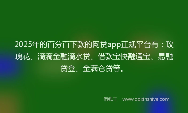 2025年的百分百下款的网贷app正规平台有：玫瑰花、滴滴金融滴水贷、借款宝快融通宝、易融贷盒、金满仓贷等。