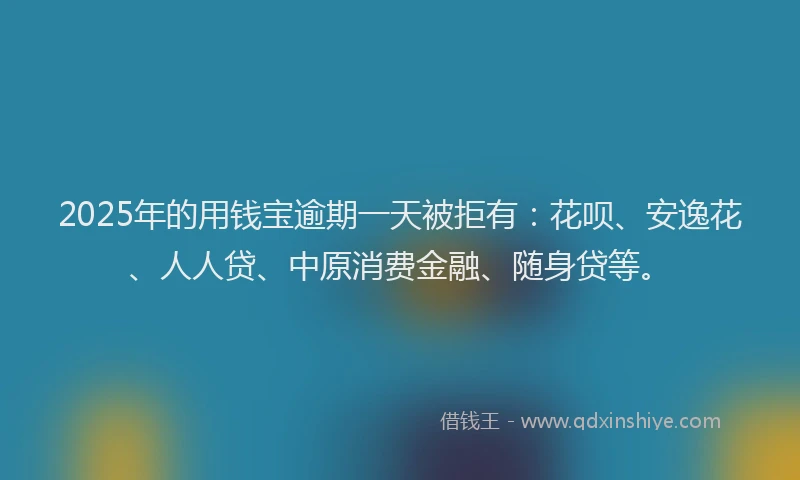 2025年的用钱宝逾期一天被拒有：花呗、安逸花、人人贷、中原消费金融、随身贷等。