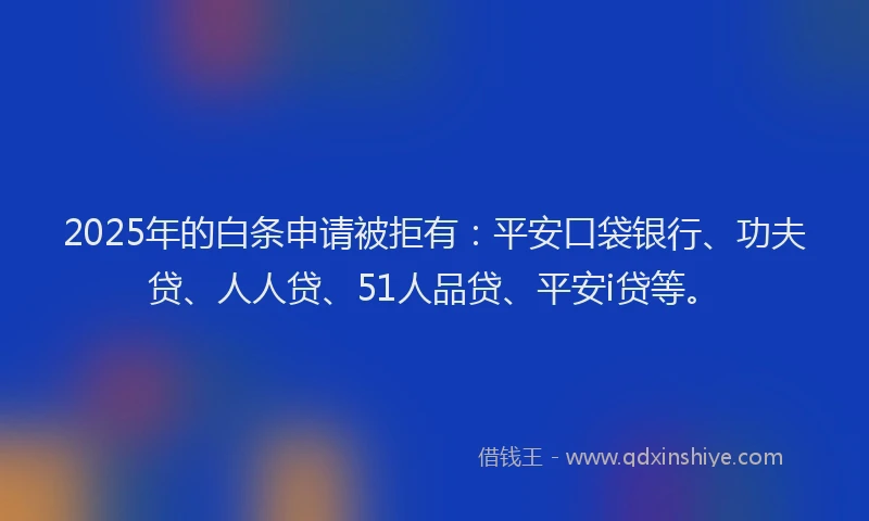 2025年的白条申请被拒有：平安口袋银行、功夫贷、人人贷、51人品贷、平安i贷等。