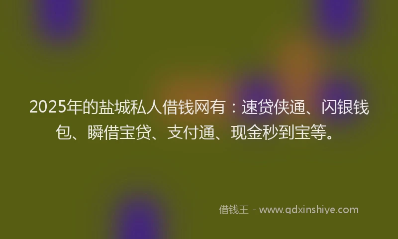2025年的盐城私人借钱网有：速贷侠通、闪银钱包、瞬借宝贷、支付通、现金秒到宝等。