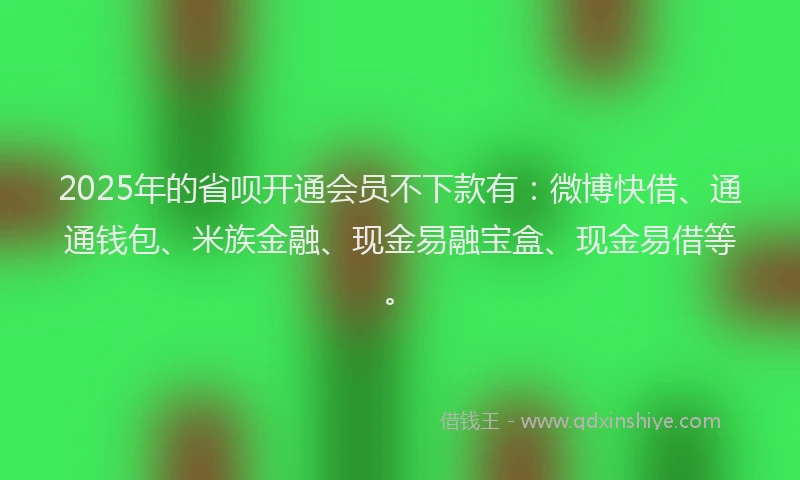 2025年的省呗开通会员不下款有：微博快借、通通钱包、米族金融、现金易融宝盒、现金易借等。