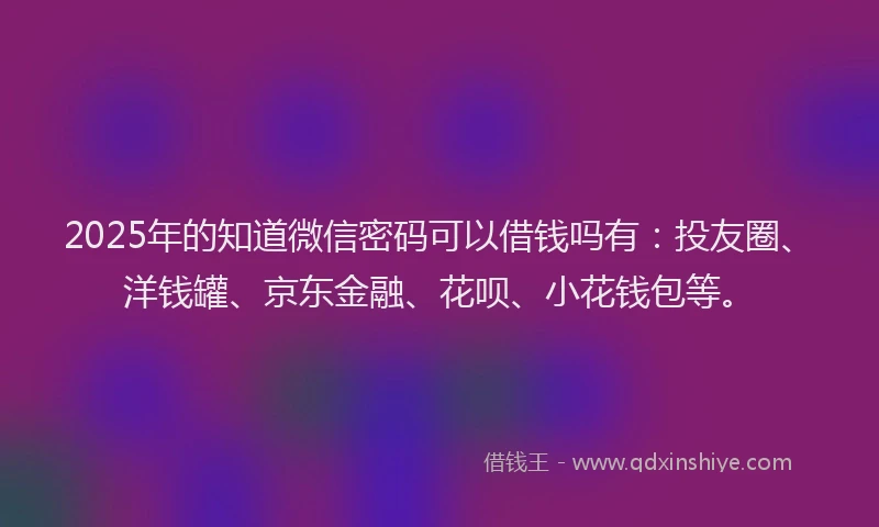 2025年的知道微信密码可以借钱吗有：投友圈、洋钱罐、京东金融、花呗、小花钱包等。