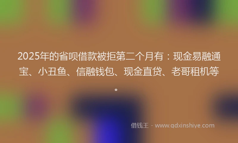 2025年的省呗借款被拒第二个月有：现金易融通宝、小丑鱼、信融钱包、现金直贷、老哥租机等。