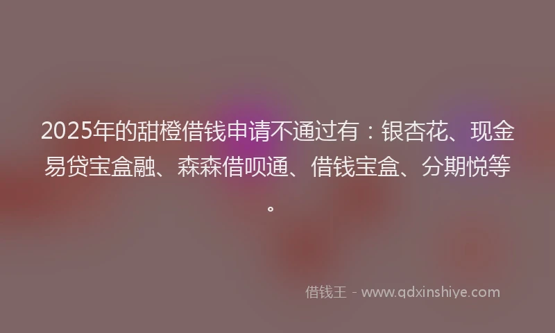 2025年的甜橙借钱申请不通过有：银杏花、现金易贷宝盒融、森森借呗通、借钱宝盒、分期悦等。