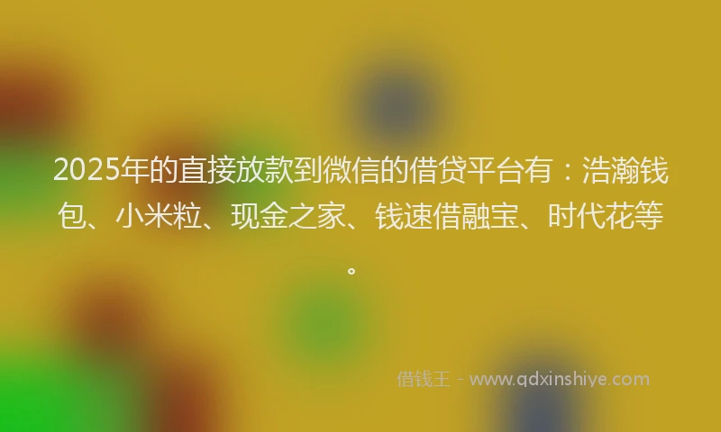 2025年的直接放款到微信的借贷平台有：浩瀚钱包、小米粒、现金之家、钱速借融宝、时代花等。