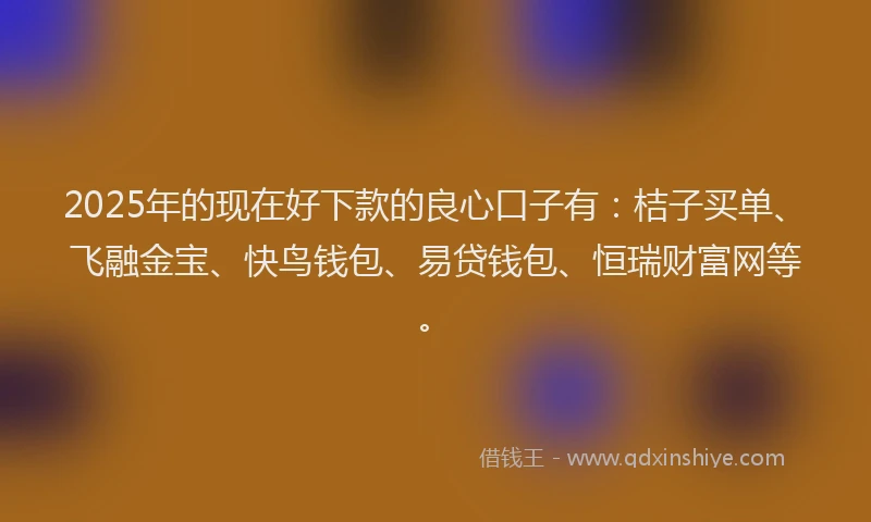2025年的现在好下款的良心口子有：桔子买单、飞融金宝、快鸟钱包、易贷钱包、恒瑞财富网等。