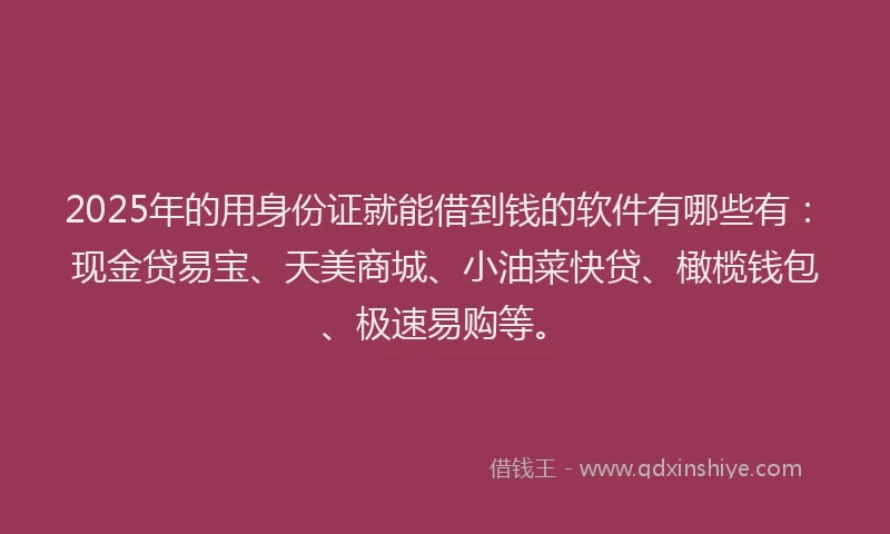 2025年的用身份证就能借到钱的软件有哪些有：现金贷易宝、天美商城、小油菜快贷、橄榄钱包、极速易购等。