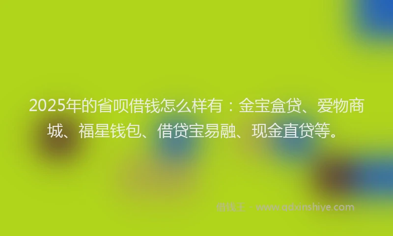 2025年的省呗借钱怎么样有：金宝盒贷、爱物商城、福星钱包、借贷宝易融、现金直贷等。