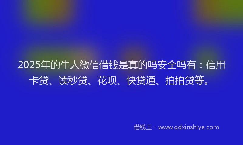 2025年的牛人微信借钱是真的吗安全吗有：信用卡贷、读秒贷、花呗、快贷通、拍拍贷等。
