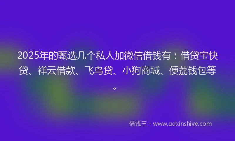 2025年的甄选几个私人加微信借钱有：借贷宝快贷、祥云借款、飞鸟贷、小狗商城、便荔钱包等。
