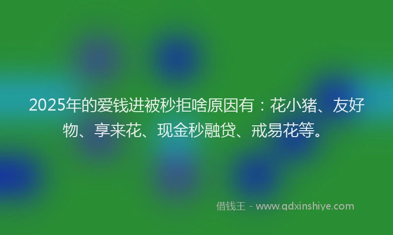 2025年的爱钱进被秒拒啥原因有：花小猪、友好物、享来花、现金秒融贷、戒易花等。