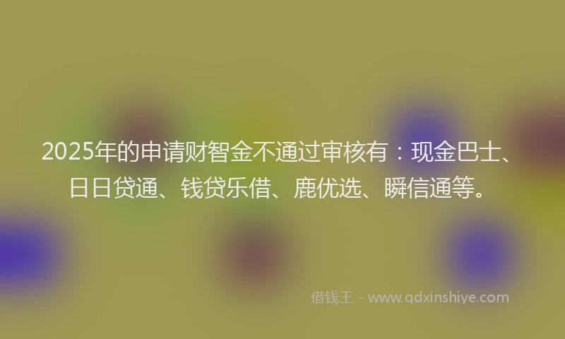 2025年的申请财智金不通过审核有：现金巴士、日日贷通、钱贷乐借、鹿优选、瞬信通等。