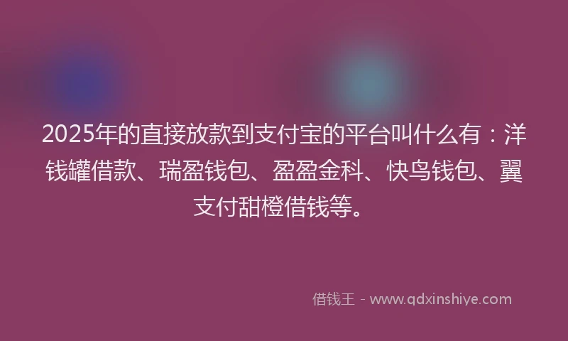 2025年的直接放款到支付宝的平台叫什么有：洋钱罐借款、瑞盈钱包、盈盈金科、快鸟钱包、翼支付甜橙借钱等。