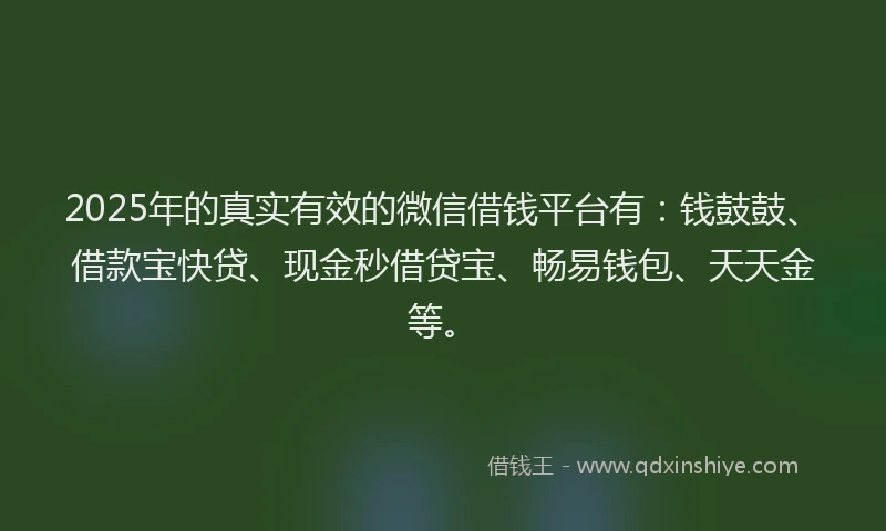 2025年的真实有效的微信借钱平台有：钱鼓鼓、借款宝快贷、现金秒借贷宝、畅易钱包、天天金等。