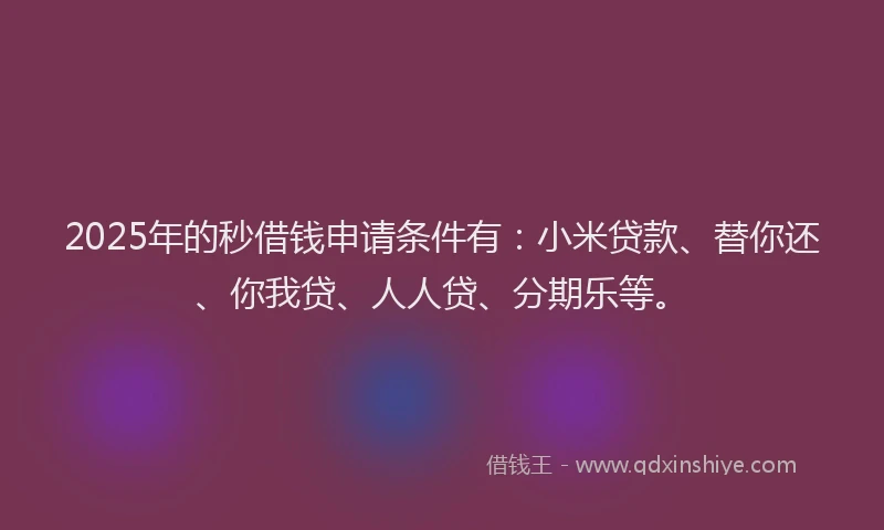 2025年的秒借钱申请条件有：小米贷款、替你还、你我贷、人人贷、分期乐等。