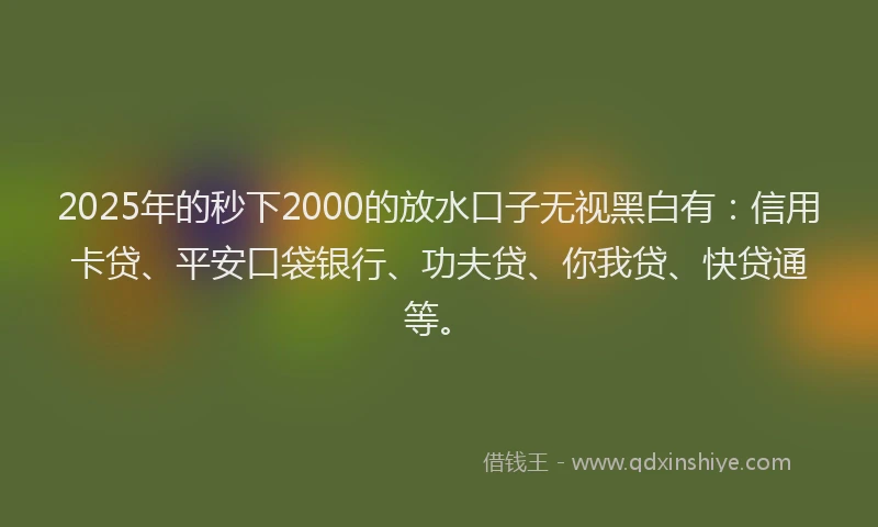 2025年的秒下2000的放水口子无视黑白有：信用卡贷、平安口袋银行、功夫贷、你我贷、快贷通等。