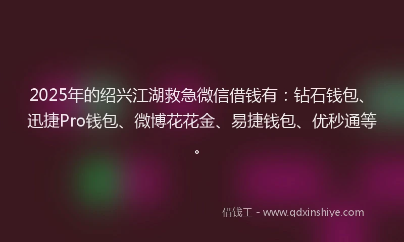 2025年的绍兴江湖救急微信借钱有：钻石钱包、迅捷Pro钱包、微博花花金、易捷钱包、优秒通等。